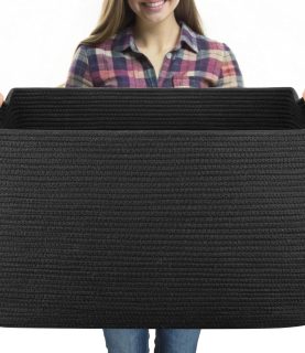 95L Extra Large Blanket Basket, 24" x 16.9" x 14.2" Woven Storage Basket for Living Room, Rectangle Nursery Blanket Storage for Toys, Towels, Dirty Clothes (Black)