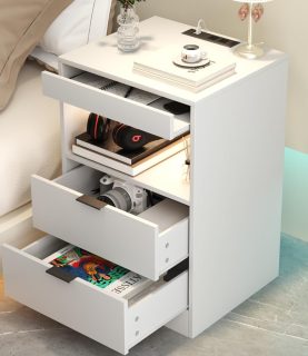 Gadroad LED Nightstand with Charging Station, Bedside Table with 3 Drawers and LED Lights, End Table Sofa Couch Side Table with Pull-Out Shelf, White