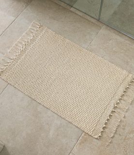 KIBAGA Beautiful Boho Bathroom Rug with Tassels - Soft 20 x 30 inch Beige Cotton Mat Fits Perfectly Into Your Bath - Washable, Non-Slip Rug Ideal to Enhance Your Modern Home Decor