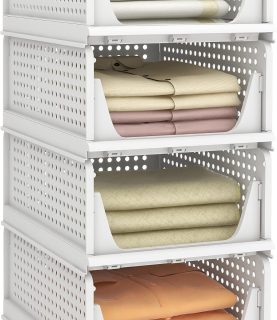 Pinkpum Stackable Plastic Storage Basket, Foldable Closet Organizers and Storage Bins 4 Pack Drawer Shelf Storage Container for Wardrobe Kitchen Bathroom Office Dorm White