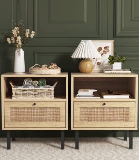 Rattan Nightstands Set of 2, Boho Night Stand with 1 Door, Accent End Table, Wood Bediside Table with Metal Legs&Open Shelf, Natural Wood