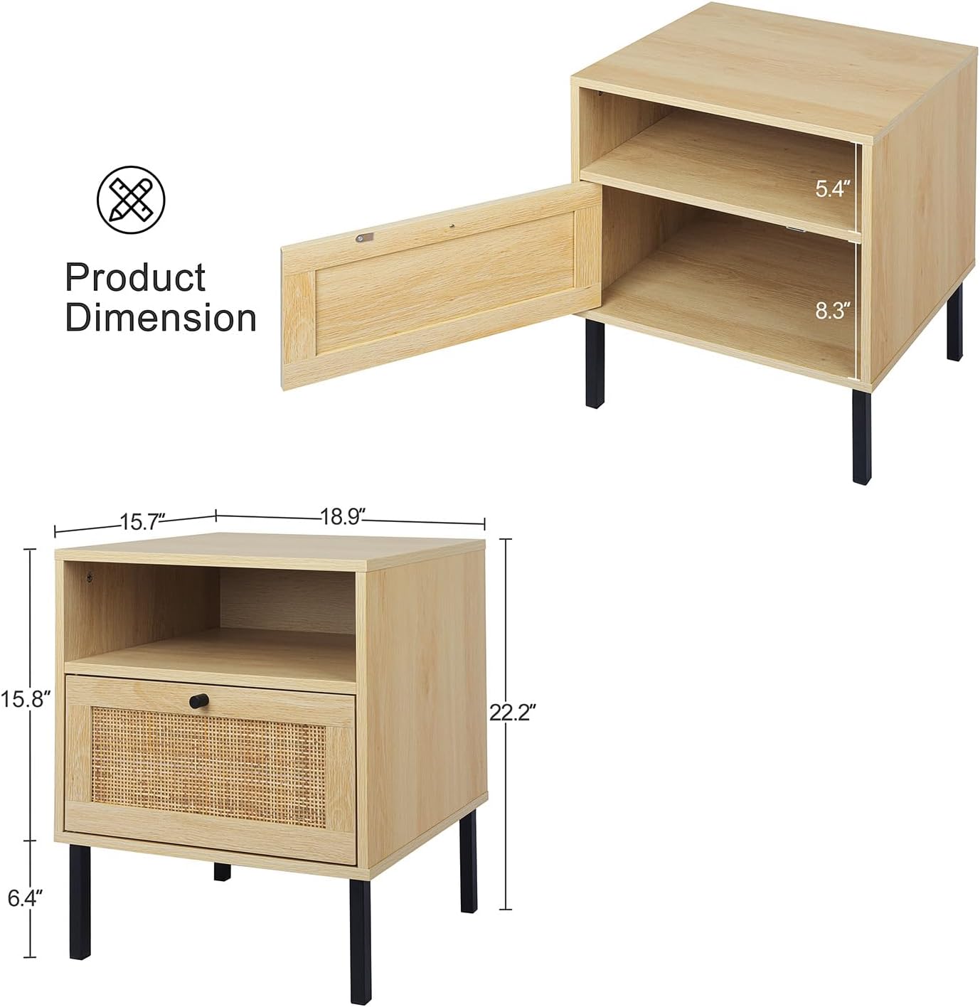 Rattan Nightstands Set of 2, Boho Night Stand with 1 Door, Accent End Table, Wood Bediside Table with Metal Legs&Open Shelf, Natural Wood - Image 2