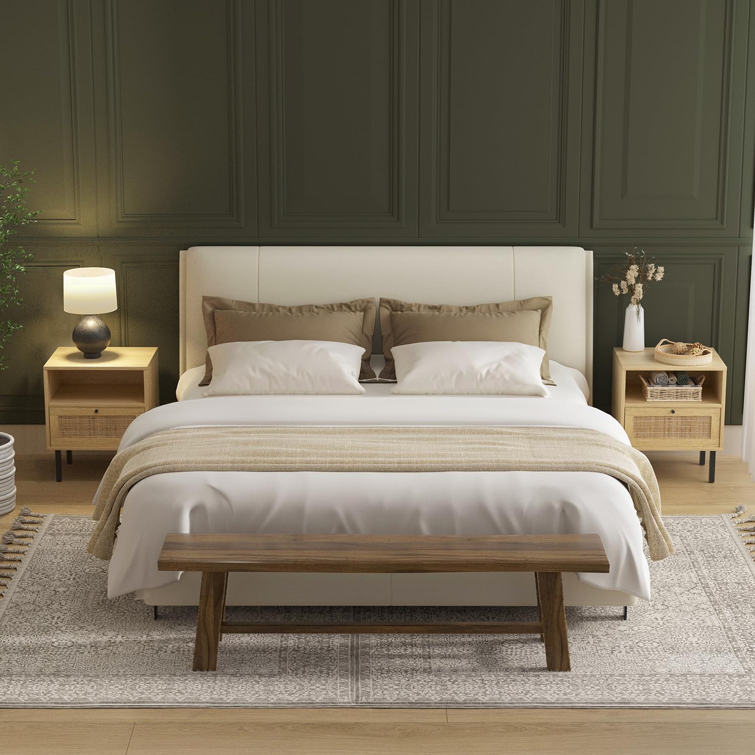 Rattan Nightstands Set of 2, Boho Night Stand with 1 Door, Accent End Table, Wood Bediside Table with Metal Legs&Open Shelf, Natural Wood - Image 3