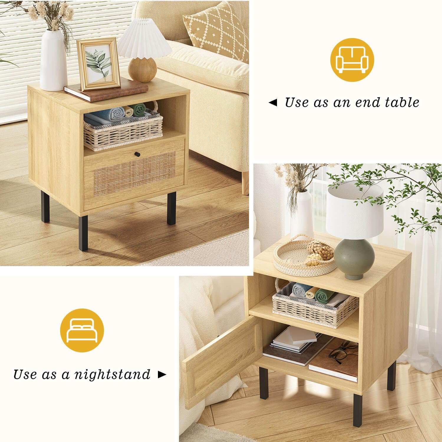 Rattan Nightstands Set of 2, Boho Night Stand with 1 Door, Accent End Table, Wood Bediside Table with Metal Legs&Open Shelf, Natural Wood - Image 4