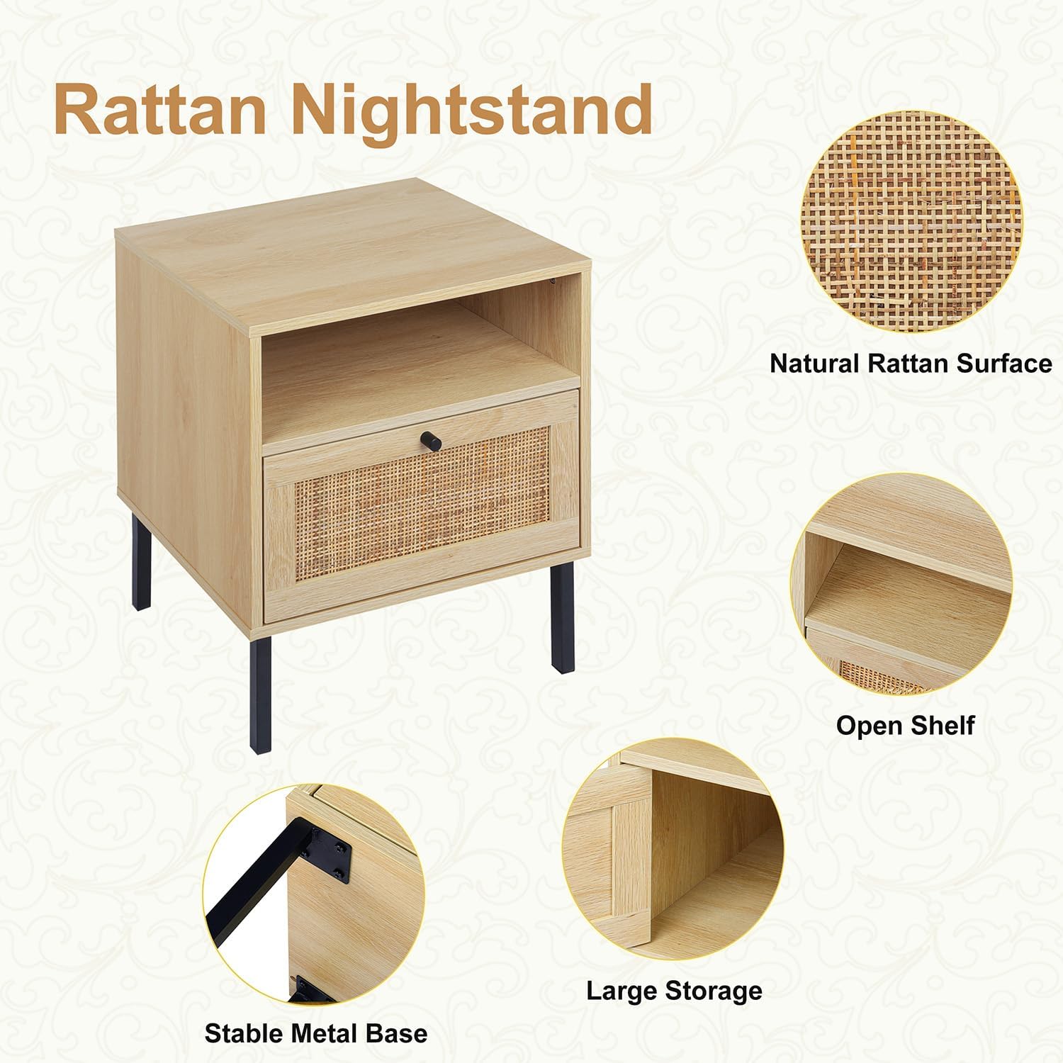 Rattan Nightstands Set of 2, Boho Night Stand with 1 Door, Accent End Table, Wood Bediside Table with Metal Legs&Open Shelf, Natural Wood - Image 5