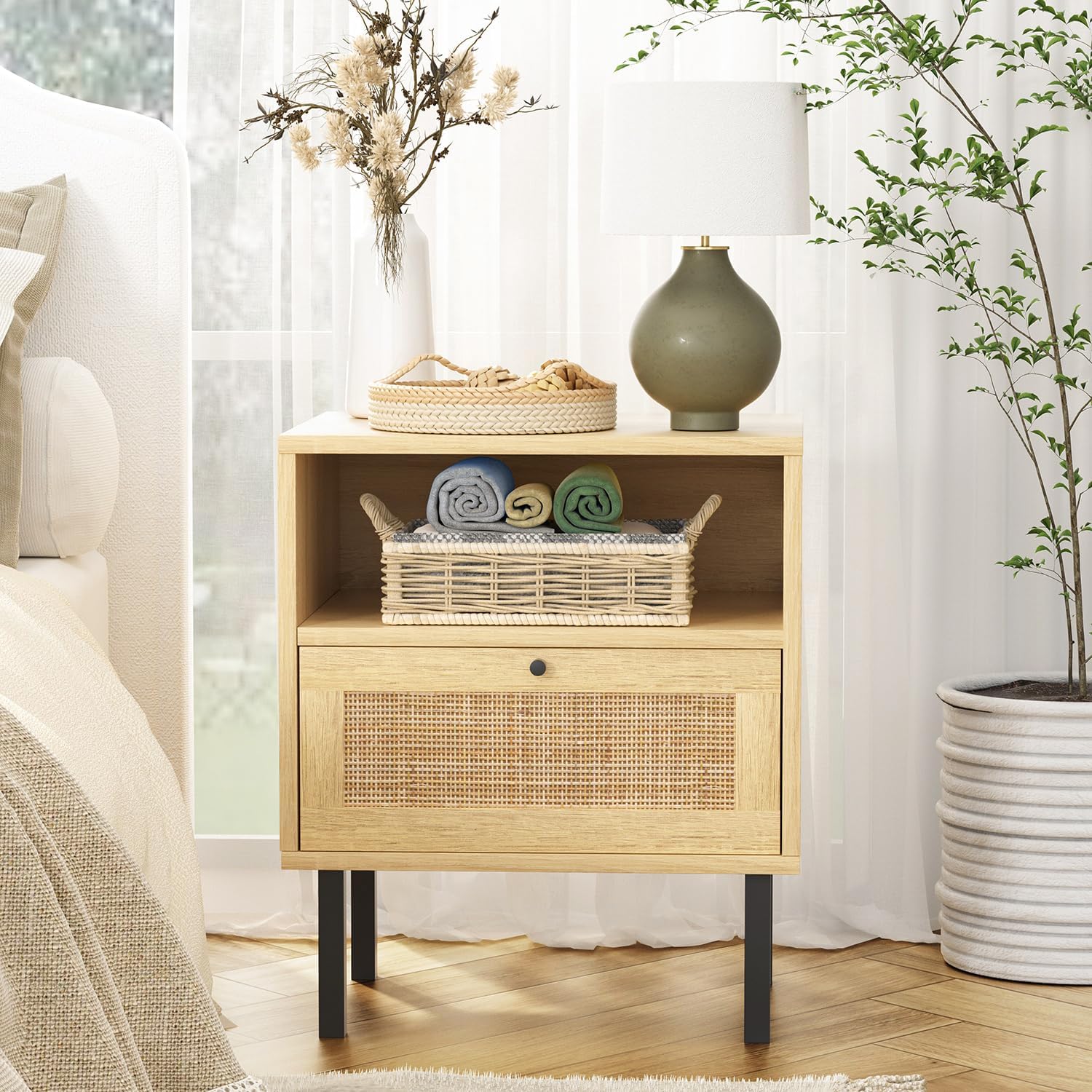 Rattan Nightstands Set of 2, Boho Night Stand with 1 Door, Accent End Table, Wood Bediside Table with Metal Legs&Open Shelf, Natural Wood - Image 6