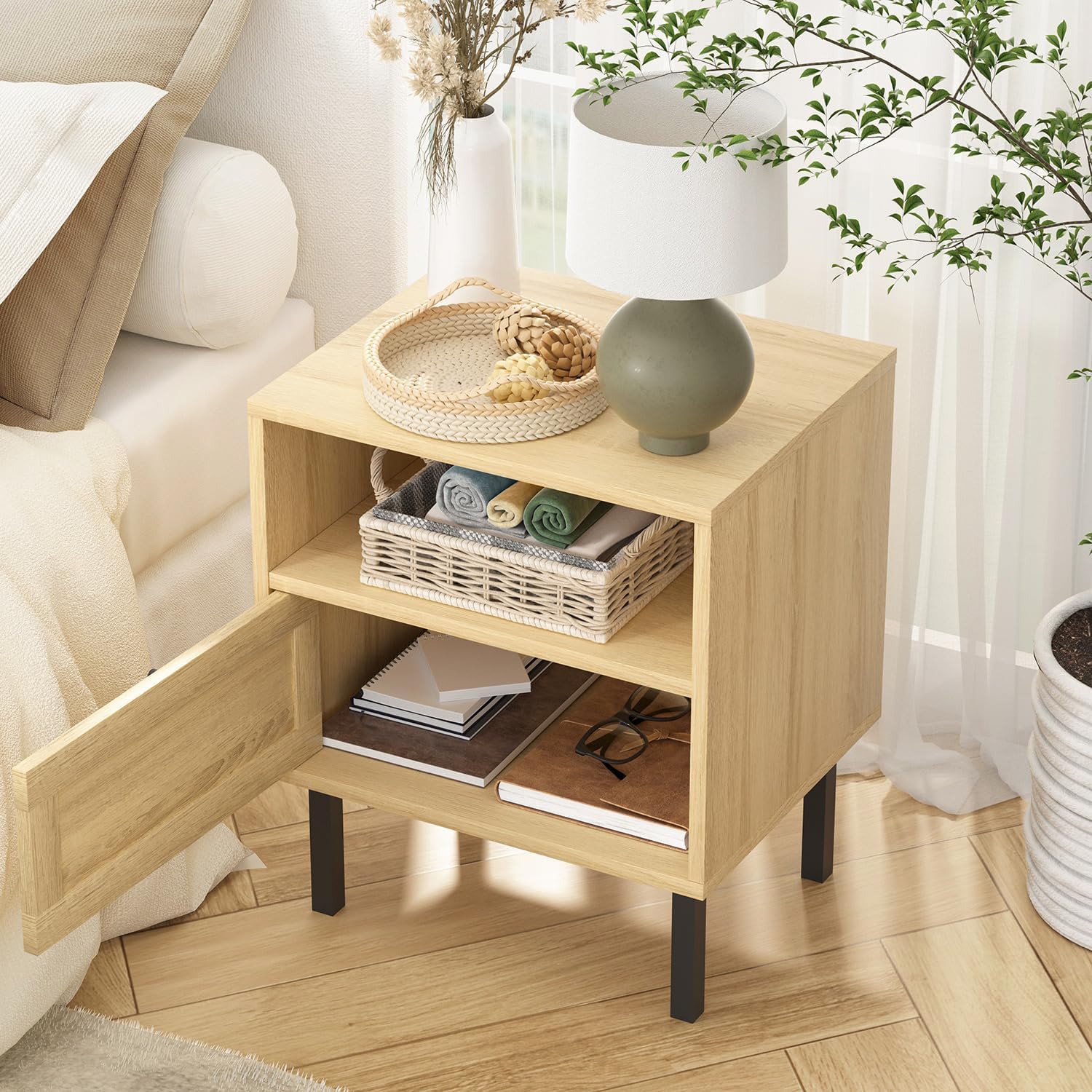 Rattan Nightstands Set of 2, Boho Night Stand with 1 Door, Accent End Table, Wood Bediside Table with Metal Legs&Open Shelf, Natural Wood - Image 7