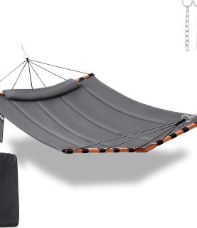 TegerDeger 12FT 2 Person Hammock Large Hammock 450LB Capacity with V Shaped Hardwood Spreader Bar & Nylon Rope for Outside, Patio, Garden, Backyard, Beach, Poolside - Gray